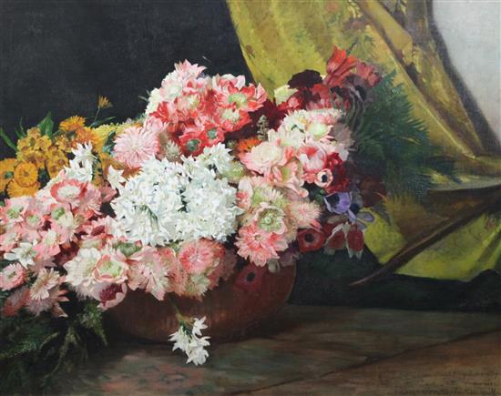 Attributed to Eugène Henri Cauchois (1850-1911) Still life of flowers in a vase 28 x 36in.
